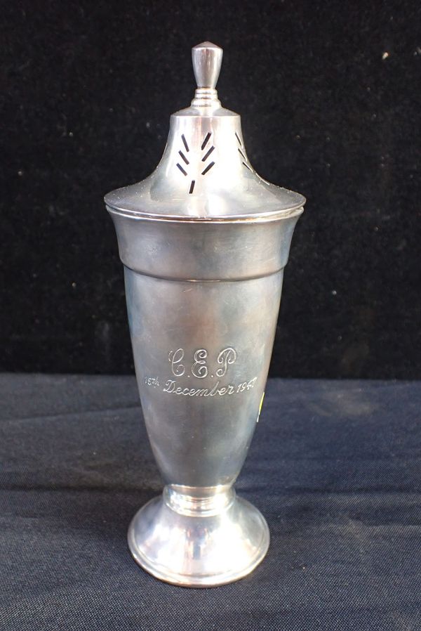 AN ART DECO SILVER SUGER CASTER