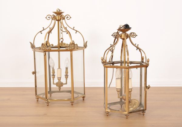 TWO BRASS HANGING LANTERNS