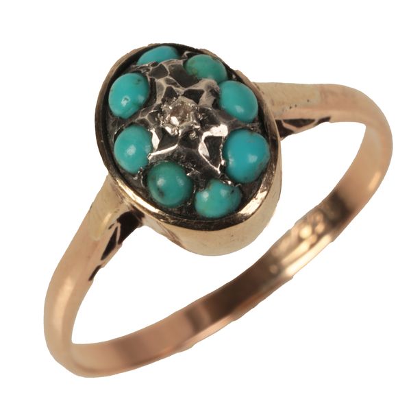 A 9CT GOLD TURQUOISE AND DIAMOND RING