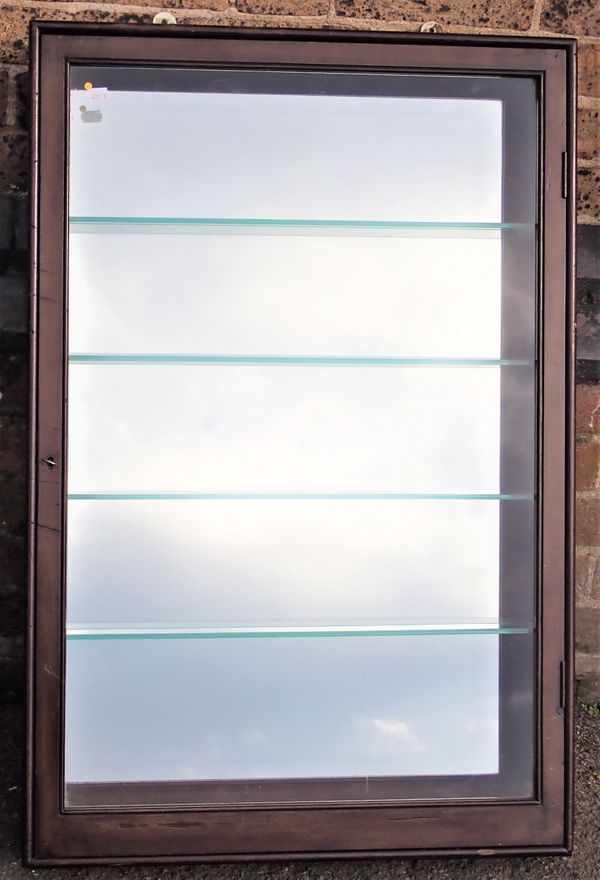 A VINTAGE GLAZED SHALLOW SHOP DISPLAY CABINET