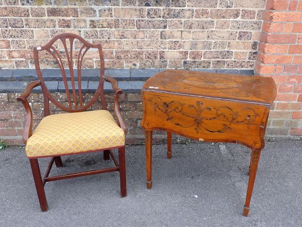 A SHERATON STYLE SATINWOOD PEMBROKE TABLE , WITH MARQUETRY TOP