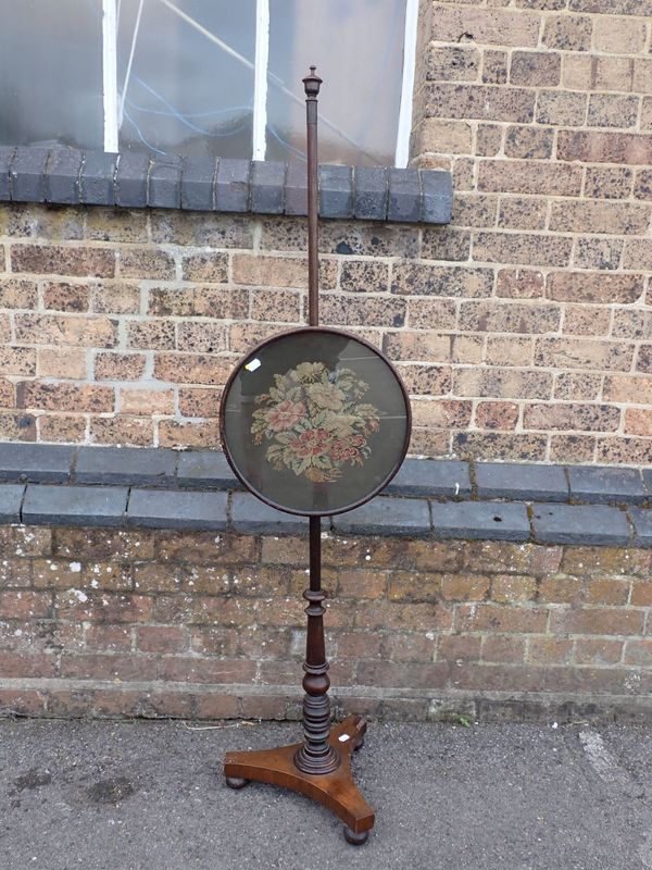 A 19TH CENTURY SIMULATED ROSEWOOD POLE SCREEN, WITH NEEDLEWORK PANEL