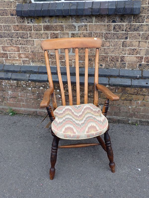 A 19TH CENTURY BEECH, ASH AND ELM LATH-BACK WINDSOR ARMCHAIR