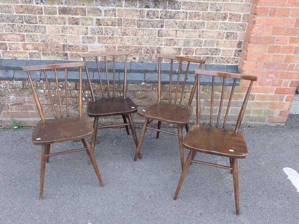 FOUR ERCOL LABELLED STICK-BACK CHAIRS