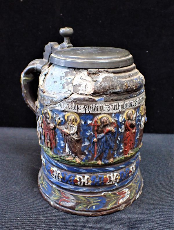 GERMAN ENAMELLED STONEWARE TANKARD