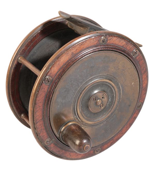 C FARLOW & CO., LONDON: A BRASS AND ROSEWOOD SALMON FLY REEL