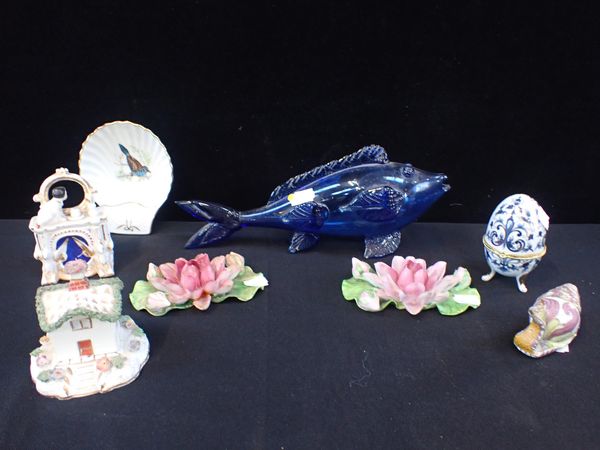 A BLUE GLASS FISH, A PORCELAIN PASTILLE BURNER