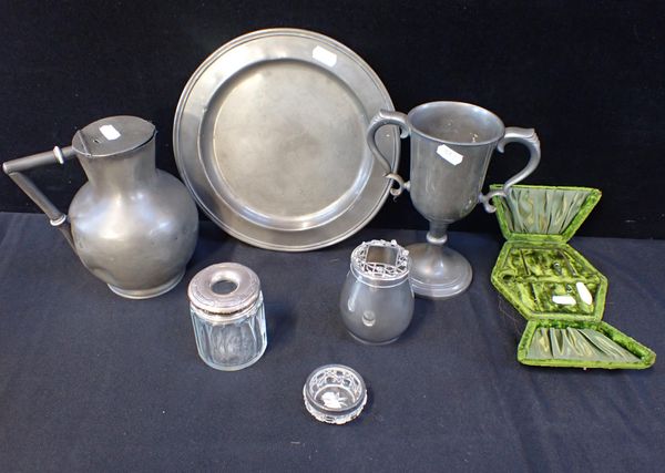 A PEWTER THREE PIECE HARLEQUIN ‘COMMUNION SET’