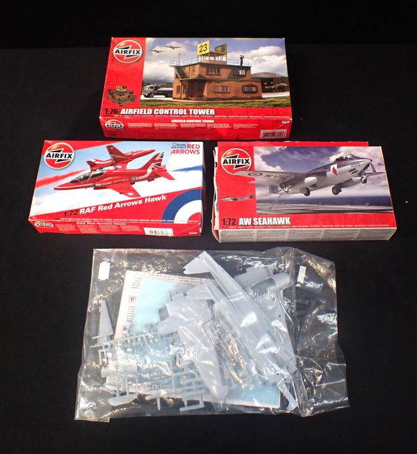 THREE AIRFIX UNBUILT MODELS - ‘AW SEAHAWK’, ‘RAF RED ARROWS HAWK’ AND ‘AIRFIELD CONTROL TOWER’