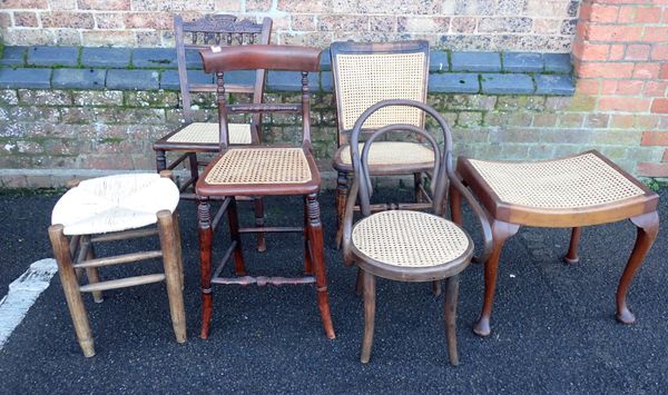 A 19TH CENTURY COUNTRY ELM STOOL, WITH RUSH SEAT