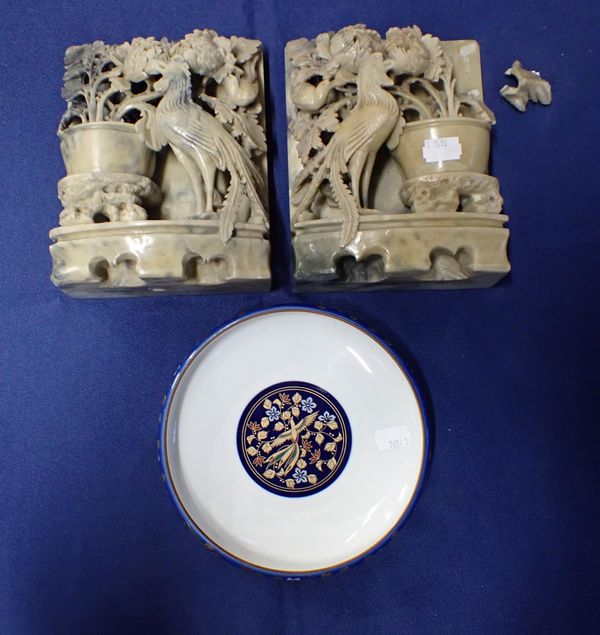 A PAIR OF CHINESE CARVED SOAPSTONE BOOK ENDS