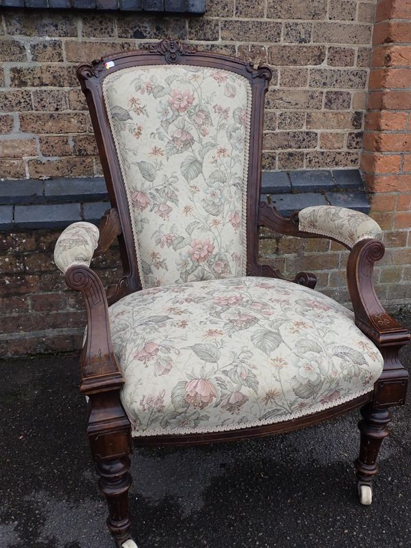 A LATE VICTORIAN OPEN FRAMED ARMCHAIR