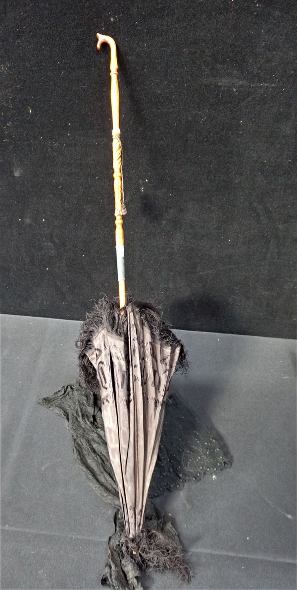 A BLACK SILK FOLDING PARASOL