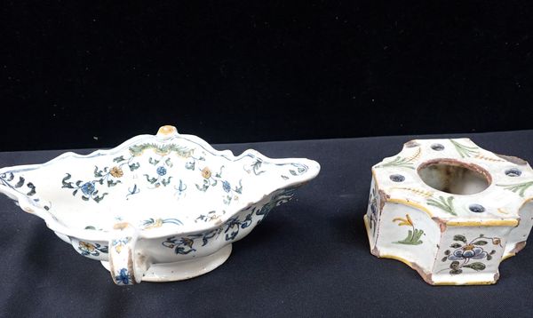 FRENCH FAIENCE: AN INKWELL AND A SAUCEBOAT