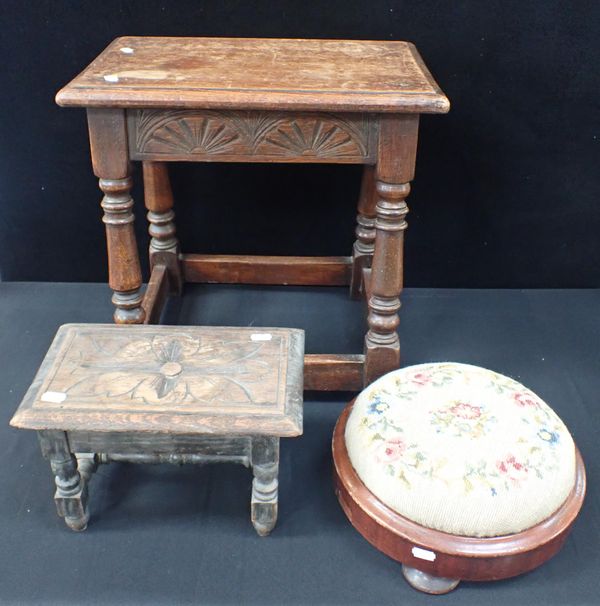 A JOINT STOOL, A SMALL OAK STOOL