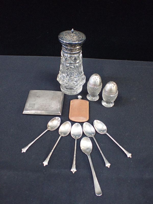 A SILVER-TOPPED SUGAR CASTER, A CIGARETTE CASE