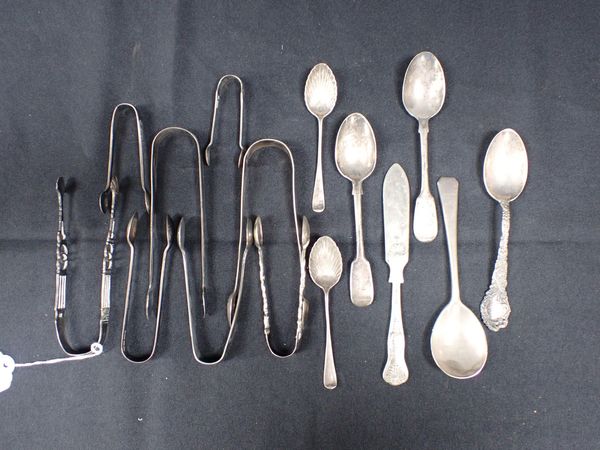 A COLLECTION OF SILVER SPOONS AND TONGS