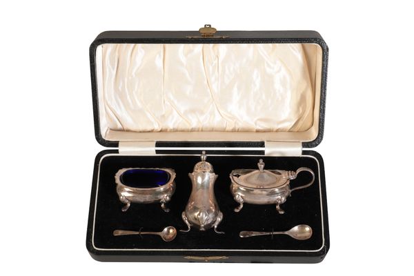 A GEORGE V SILVER THREE-PIECE CRUET SERVICE