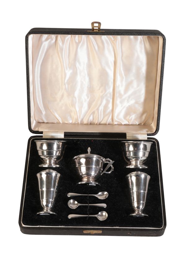 A GEORGE V SILVER FIVE PIECE CRUET SERVICE OF ART DECO DESIGN