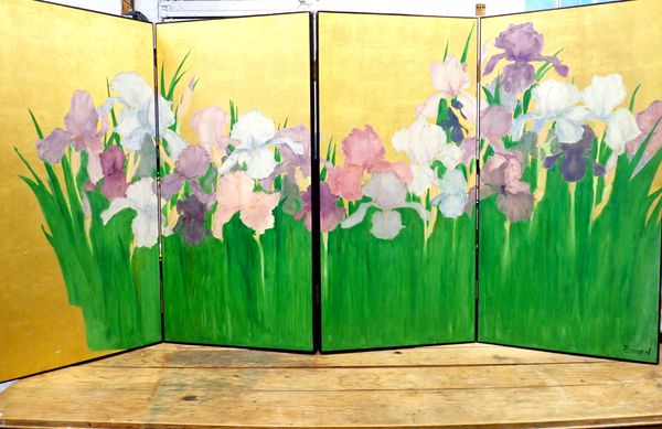 A FOLDING SCREEN, PAINTED WITH IRISES