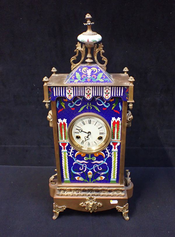 A CHINESE BRASS AND CLOISONNE CASED  CLOCK