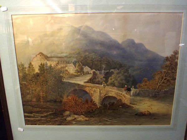 N.W. SHEARING (?INDISTINCT) 1860: LANDSCAPE WITH BRIDGE