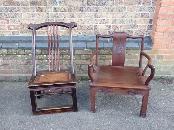 AN OLD CHINESE CHAIR, WITH CARVED CREST RAIL