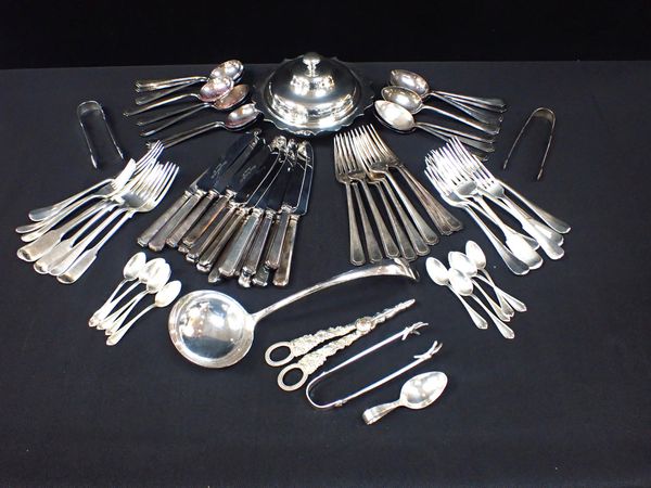 A PAIR OF SILVER GRAPE SCISSORS, A QUANTITY OF SILVER PLATED CUTLERY