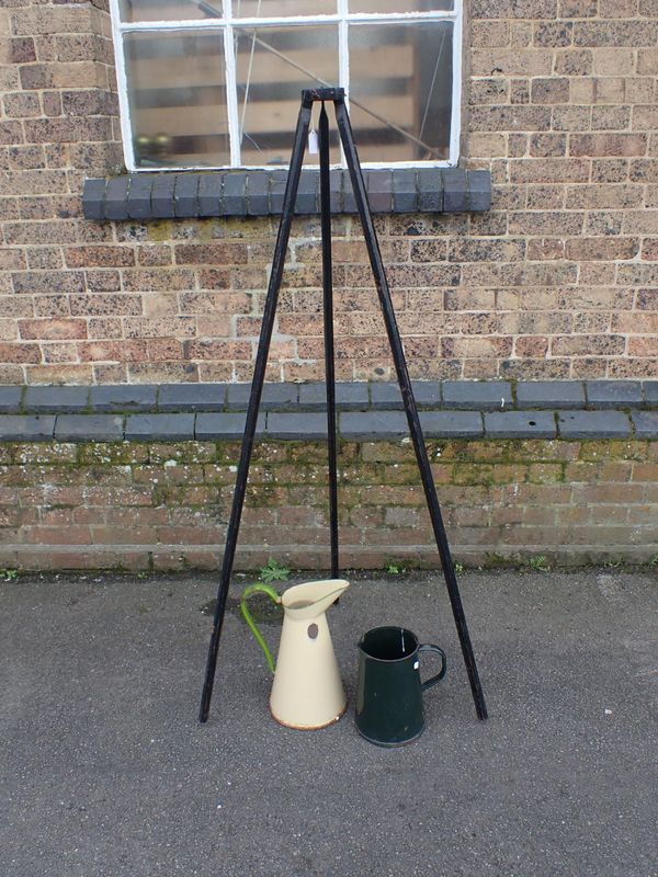 TWO LARGE OLD ENAMEL JUGS