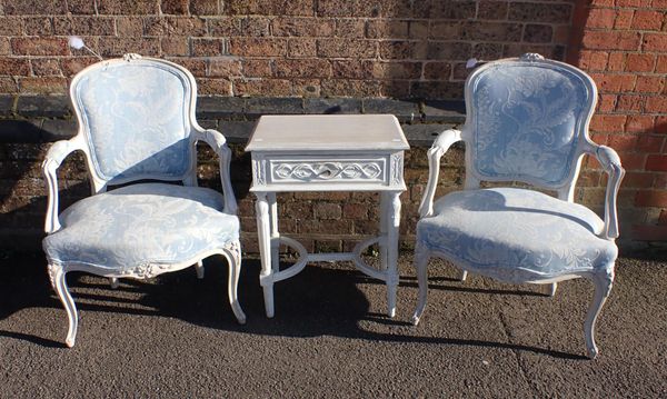 A PAIR OF LOUIS XV STYLE WHITE PAINTED FAUTEUILS