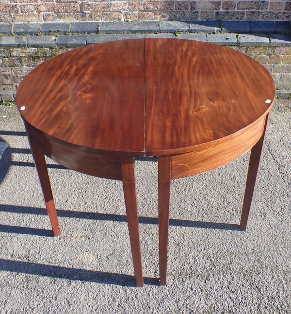 A PAIR OF MAHOGANY DEMI-LUNE TABLE ENDS