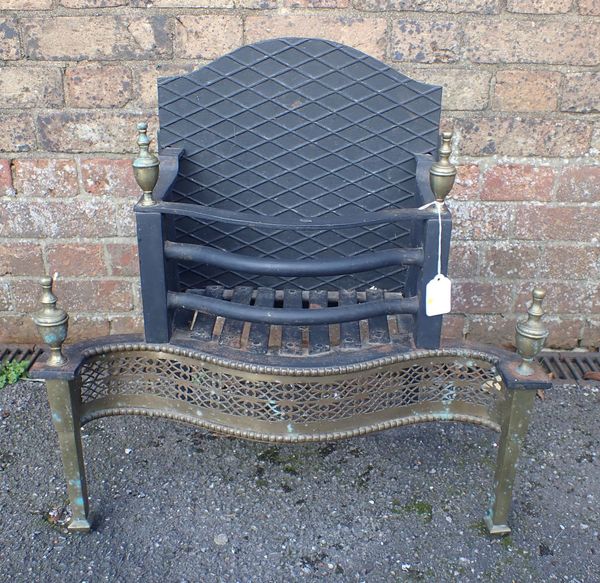 A GEORGE III STYLE IRON AND BRASS FIRE BASKET