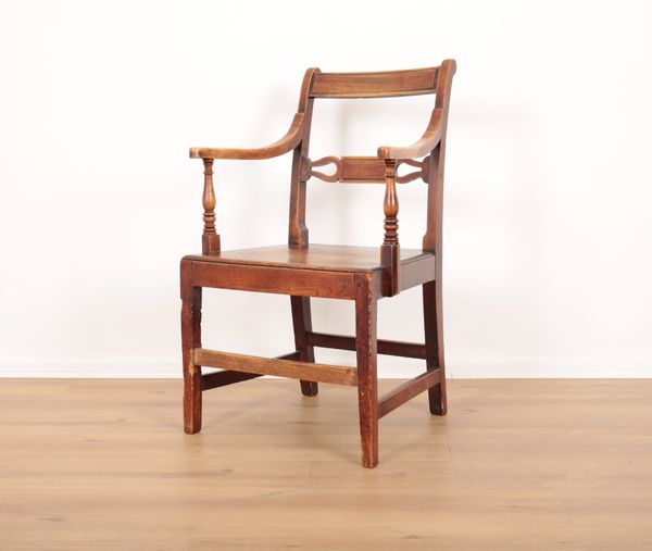 A GEORGE III PROVINCIAL, PROBABLY WELSH, ELM AND MAHOGANY ARMCHAIR