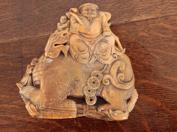 A CHINESE SOAPSTONE MYTHICAL BEAST GROUP