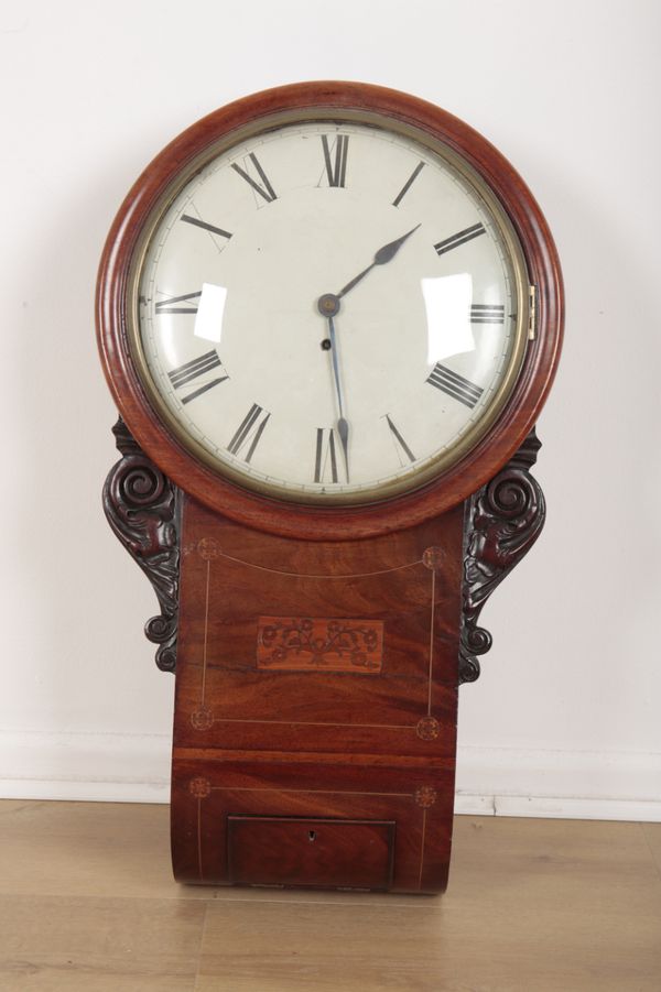 A MAHOGANY AND INLAID DROP DIAL WALL CLOCK