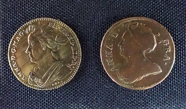 TWO QUEEN ANNE TOKENS, ONE COMMEMORATING THE VOYAGE TO VIGO BAY