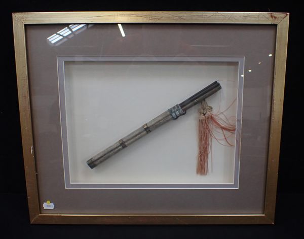 A 19TH CENTURY FRAMED JAPANESE KNIFE AND CHOPSTICKS IN A SHAGREEN CASE