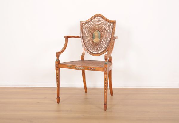 AN EARLY 20TH CENTURY FRENCH PAINTED SATIN BIRCH ARMCHAIR