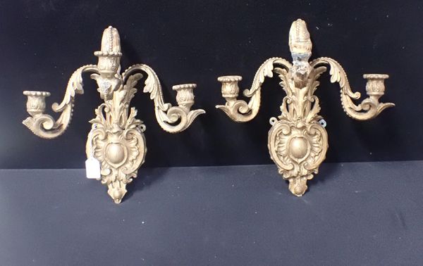 A PAIR OF GILT COMPOSITION ROCOCO STYLE WALL APPLIQUES