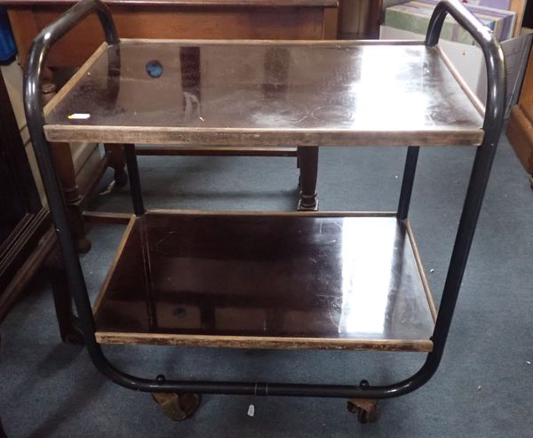 A 1930S TUBULAR BLACK METAL, BEECHWOOD AND PLASTIC  TEA TROLLEY