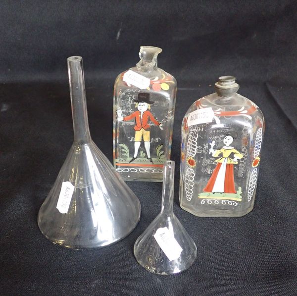 TWO 18TH CENTURY DUTCH POLYCHROME GLASS DECANTERS