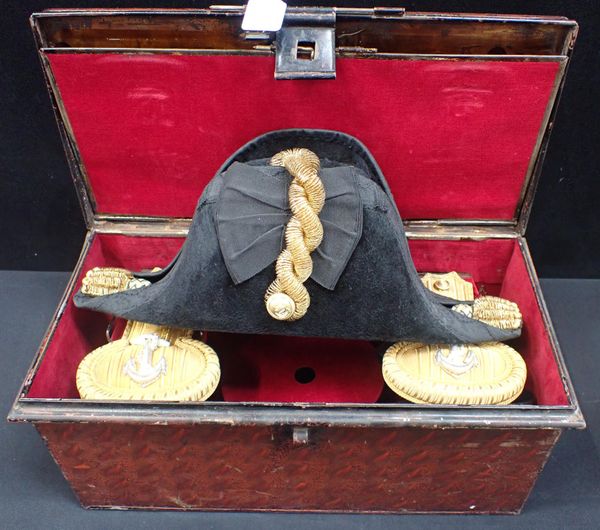 R.N. OFFICERS HAT & EPAULETTES, THE CASE LABELLED 'J.R.SIMPSON'