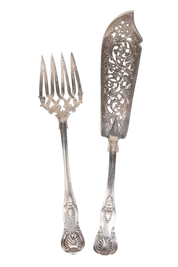 A VICTORIAN SILVER KINGS PATTERN FISH SLICE AND SERVING FORK