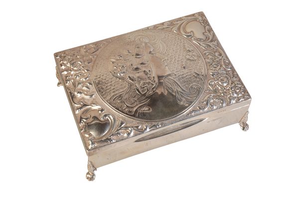 AN EDWARD VII SILVER JEWELLERY BOX OF ART NOUVEAU STYLE