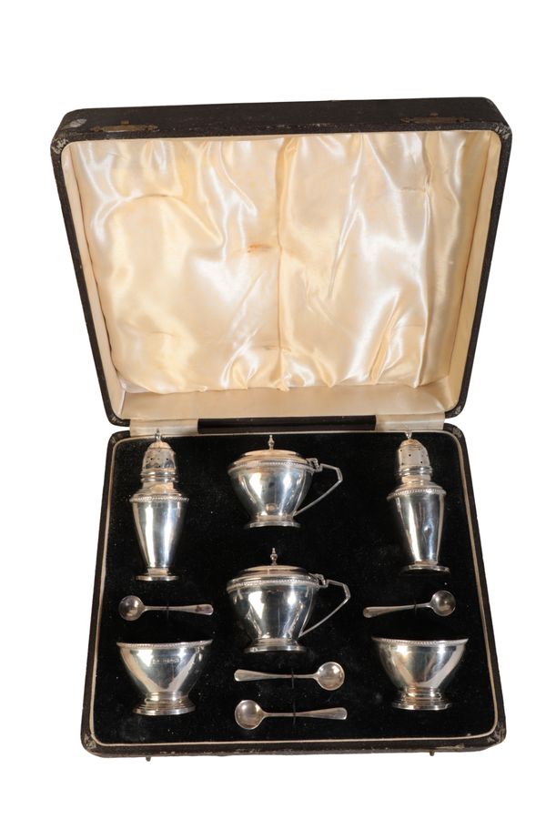 A GEORGE VI SILVER SIX PIECE CRUET SERVICE OF ART DECO DESIGN