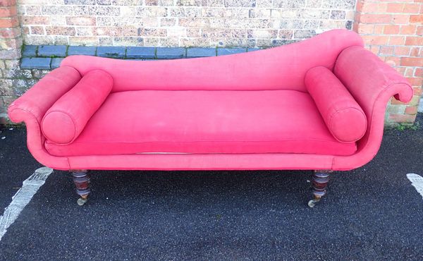 A 19TH CENTURY SCROLL-END SOFA