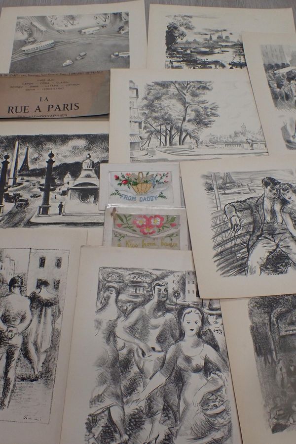 TWO WWI SILK POSTCARDS AND 'LA RUE A PARIS'