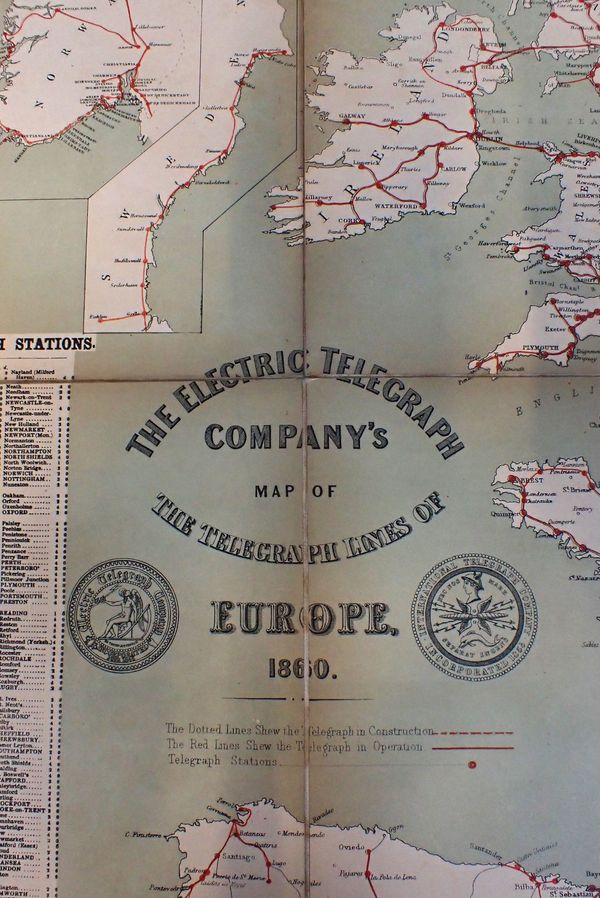 A DAY & SON LITHOGRAPH FOLDING MAP, 'THE ELECTRIC TELEGRAPH COMPANY'S MAP OF THE TELEGRAPH LINES OF EUROPE 1860'