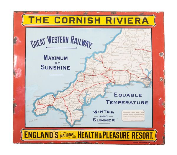 A GREAT WESTERN RAILWAY ENAMEL ADVERTISING SIGN 'THE CORNISH RIVIERA'