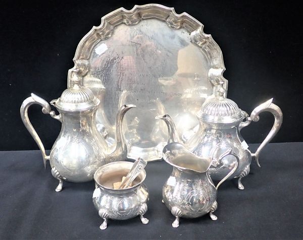 SILVER PLATED FOUR PIECE COFFEE SERVICE AND A SALVER